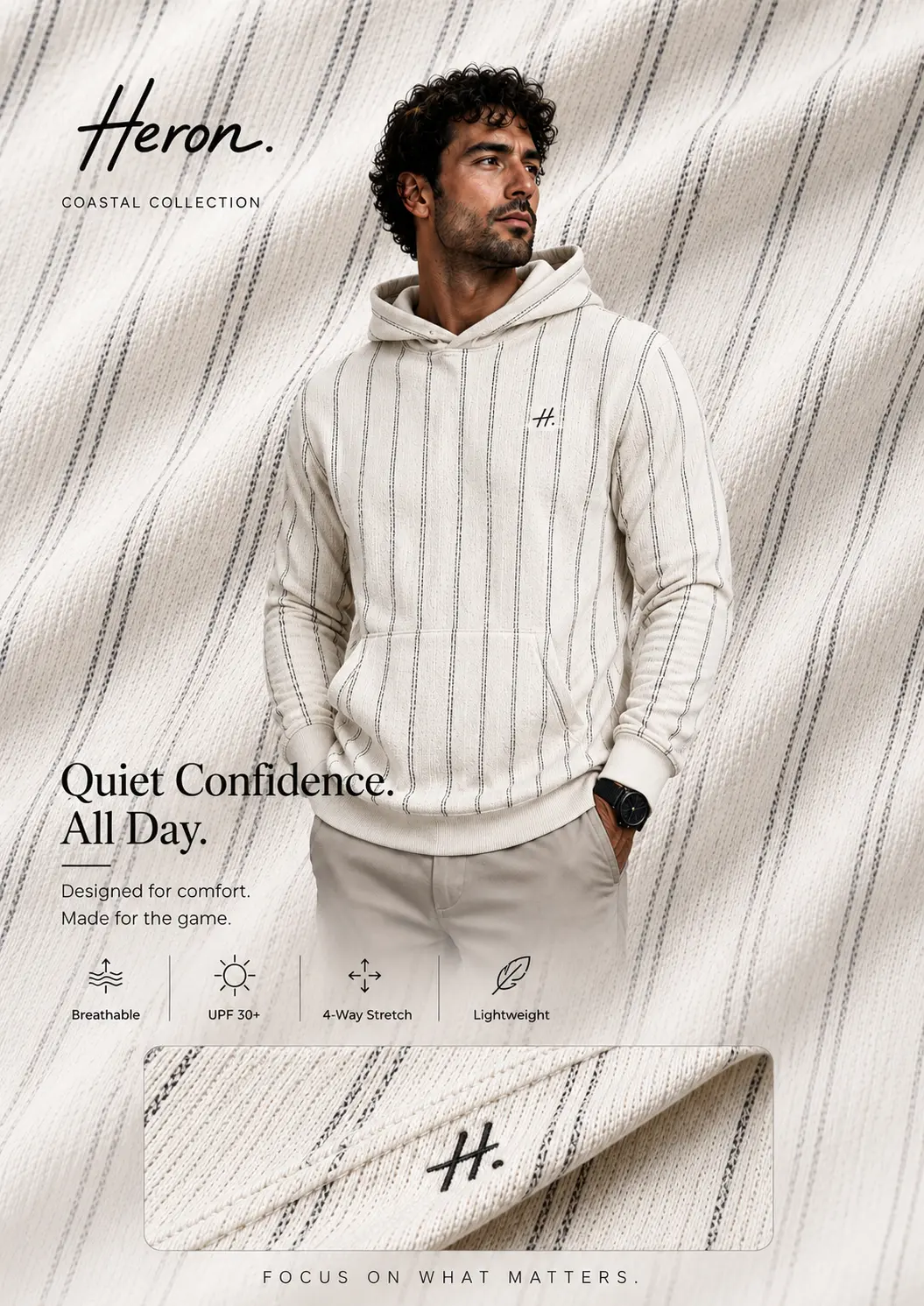 Model wearing the HERON striped performance hoodie in ivory